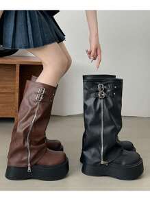 Women's Thick-Soled Boots, European And American New Thick-Soled Round Toe Casual Retro Thick-Soled Classic Side Zipper Design, Slip-On, Long Boots, Knee-High Boots