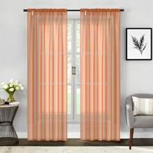 Two (2) Sheer Window Curtains Panels - Drapes Set Multiple Lengths (63", 84", 95", 108", 120" L)  Rod Pocket Solid Colors - 橘色 - 查看 4