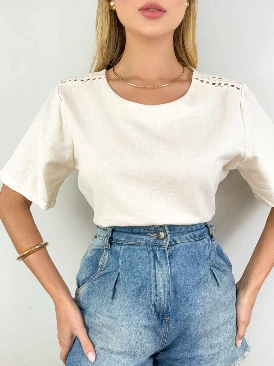 Basic Women's Blouse With Shoulder Detail - 米色 - 查看 1