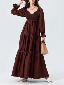 Women Long Dress Fashion Print Sweetheart Neckline Long Sleeve Dress Fashion Spring Fall Casual Dress - 棕色 - 查看 4