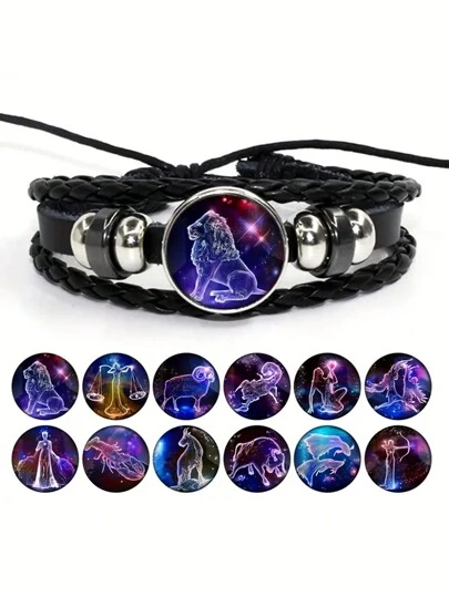 suteyi 1 chiếc vòng tay bện bằng da PU cổ điển đính đá quý, vòng tay thủ công tượng trưng cho 12 cung hoàng đạo.