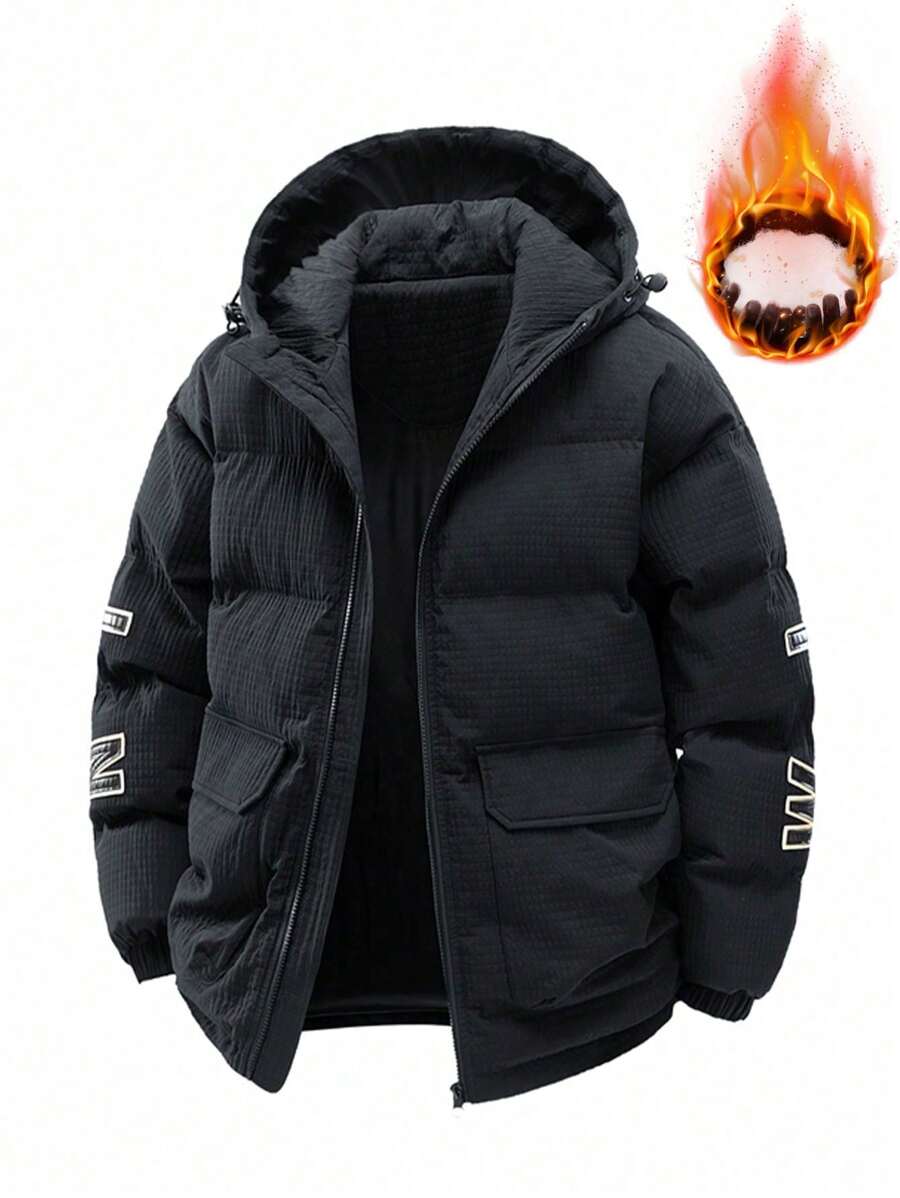 2024 New Arrival Men's Thick Padded Jacket, Loose Fit Warm Thermal Lined Coat, Winter Anti-Cold Outerwear - Black - View 1