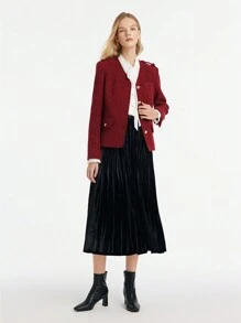 GOELIA V-Neck Single-Breasted Tweed Women Jacket,Women's Red Christmas Tweed Elegant Jacket,Short Coat Suitable For Autumn And Winter - Burgundy - View 1