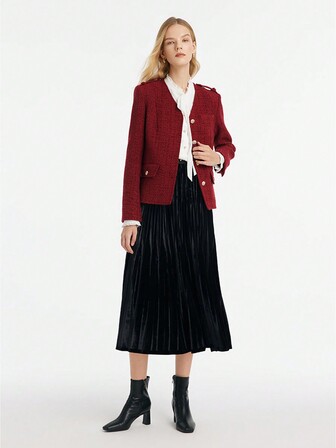 GOELIA Chaqueta de mujer de cuello en V de un solo abotonado de tweed, Chaqueta elegante de tweed rojo navideño para mujer, Abrigo corto adecuado para otoño e invierno