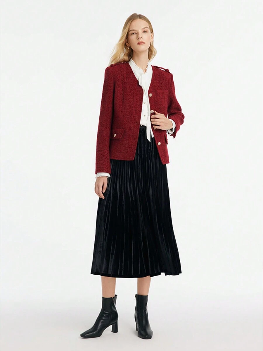 GOELIA V-Neck Single-Breasted Tweed Women Jacket,Women's Red Christmas Tweed Elegant Jacket,Short Coat Suitable For Autumn And Winter - Burgundy - View 1