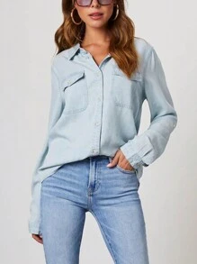 Women Denim Shirts Solid Color Turn Down Collar Long Sleeve Jean Blouses Spring Loose Casual Tops Streetwear - 淺藍色 - 查看 3