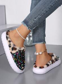 女士新款豹纹彩色亮片厚底拖鞋，高端时尚家居拖鞋 - 彩色 - 查看 4