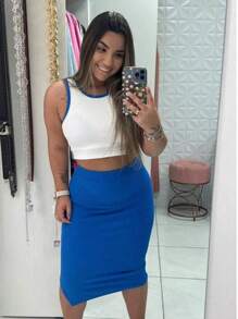 Women's Ribbed Knit Tank Top, Skirt And Crop Top Set - 藍色 - 查看 2