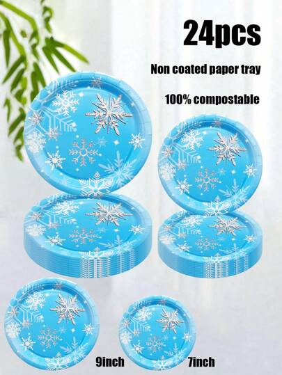 24 件套，包括一次性纸盘、圣诞雪花蓝色主题纸盘、7 英寸纸盘、9 英寸纸板、一次性派对盘、派对配件、派对装饰品、甜点盘
