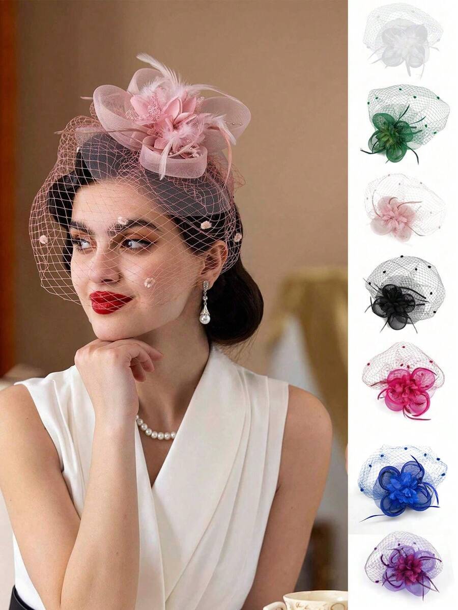 1 Pc Fascinators Hats 20s 50s Hat Pillbox Hat Tea Party Headwear With Veil For Girls And Women Valentine's Day Accessories - Multicolor - View 1