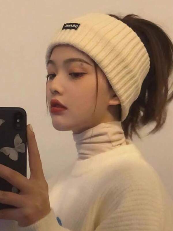 1 pieza Sombrero de punto para mujer con ala ancha, diadema con protección para las orejas y el rostro, diseño de letra casual de otoño/invierno, accesorio de moda