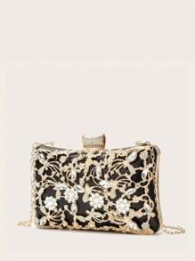 LETODE 4 件水晶首饰套装 闪亮项链耳环手链手镯套装 女士晚宴包 花朵水钻闪亮手拿包 派对钱包 新款闪亮优雅女士时尚晚宴包 手提包女士手提晚宴金属链条包斜挎包婚礼派对包 女士和女孩 - 黑色 - 查看 6