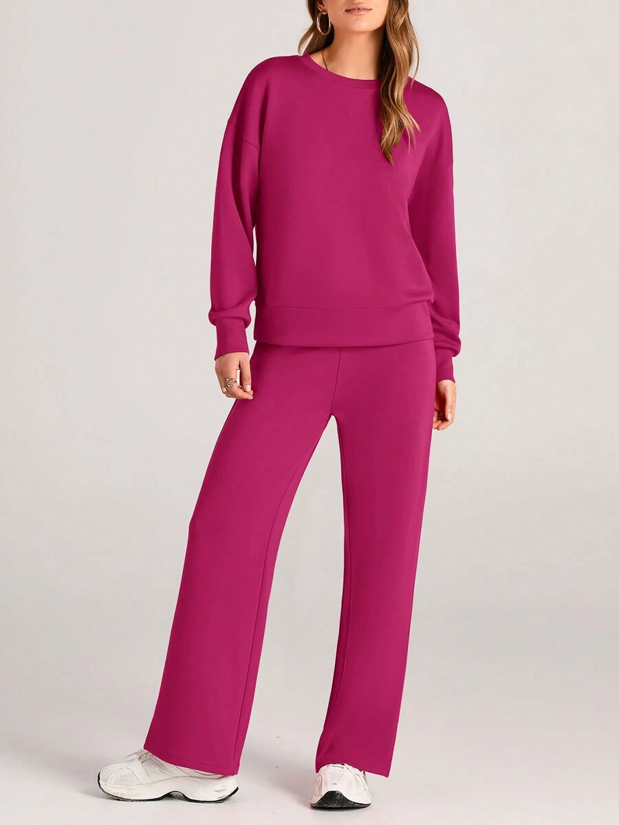 Conjuntos de dos piezas para mujer, jersey de manga larga y pantalones largos, conjuntos de chándal para estar en casa - Rosa Fucsia - Ver 1