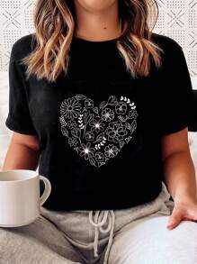 Love Flower Pattern Printed Women's T-Shirt, Summer Women's Fashionable, Casual, Comfortable And Soft Daily Outdoor Sports And Fitness Breathable Round Neck Short-Sleeved T-Shirt