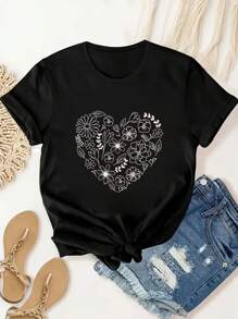 Love Flower Pattern Printed Women's T-Shirt, Summer Women's Fashionable, Casual, Comfortable And Soft Daily Outdoor Sports And Fitness Breathable Round Neck Short-Sleeved T-Shirt