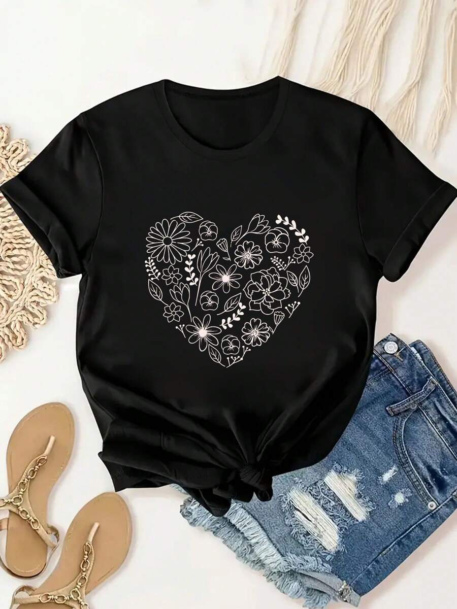 Love Flower Pattern Printed Women's T-Shirt, Summer Women's Fashionable, Casual, Comfortable And Soft Daily Outdoor Sports And Fitness Breathable Round Neck Short-Sleeved T-Shirt
