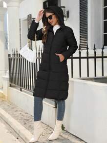 Women's Long Quilted Coat Puffer Jacket Winter Warm Long Sleeve Zip Up Padded Down Coat Outwear With Hood - 黑色 - 查看 4