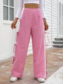 时尚女式阔腿裤，多巴胺格子蕾丝边，系带蝴蝶结装饰和侧开衩，休闲宽松长裤
