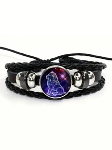 suteyi 1 chiếc vòng tay bện bằng da PU cổ điển đính đá quý, vòng tay thủ công tượng trưng cho 12 cung hoàng đạo. - màu đen - Xem 12