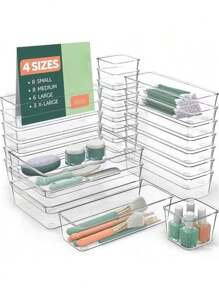 8/10/12 pièces Boîtes de rangement pour tiroir de maquillage, boîtes de rangement en plastique transparent de 4 tailles pour le bureau, la chambre, la cuisine, la maquillage et les fournitures de bureau - Transparent - Voir 2