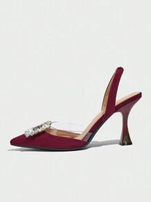 Women's Rhinestone Decor Pointed Toe Slingback High Heel Shoes, Elegant And Comfortable, Suitable For Formal Party, Banquet, Gala, Autumn/Winter, Burgundy Valentines