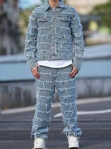 Men's Retro Slim Fit Fashion Distressed Embroidery Patchwork Straight Leg Jeans, Emo Style - Blue - View 2