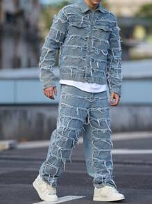 Men's Retro Slim Fit Fashion Distressed Embroidery Patchwork Straight Leg Jeans, Emo Style - Blue - View 4