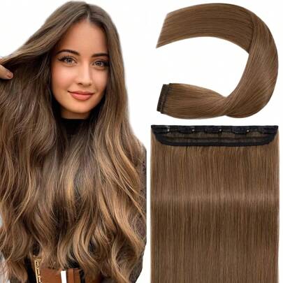 一体式全头夹式真人发片 #6 浅棕色直发 1 片 5 夹雷米接发 女士 100G/件