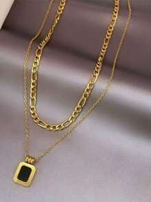 1 chiếc mặt dây chuyền vuông đen tối giản thời trang hai lớp bằng thép không gỉ vàng, trang sức dự tiệc thanh lịch làm quà tặng đám cưới cho phụ nữ - Vàng - Xem 2