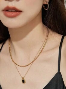 1 chiếc mặt dây chuyền vuông đen tối giản thời trang hai lớp bằng thép không gỉ vàng, trang sức dự tiệc thanh lịch làm quà tặng đám cưới cho phụ nữ - Vàng - Xem 4