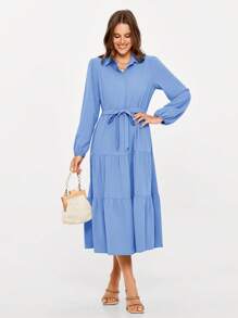 Women's Long Sleeve V Neck Tiered Flowy Maxi Shirt Dress For Wedding Guest Casual High Waist Swing A-Line Long Dress - Màu xanh lam - Xem 5