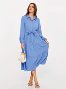 Women's Long Sleeve V Neck Tiered Flowy Maxi Shirt Dress For Wedding Guest Casual High Waist Swing A-Line Long Dress - Màu xanh lam - Xem 4