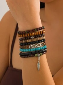 7 件波西米亚风格仿绿松石珠子、椰子壳珠子手链、复古时尚节日派对休闲几何吊坠手链，适合女士 - 7件套 - 查看 1