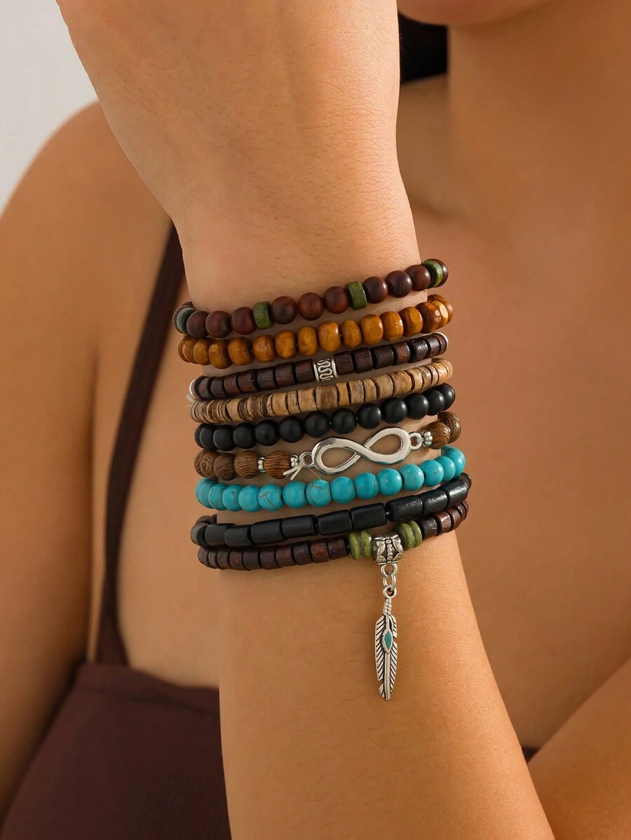 7 件波西米亚风格仿绿松石珠子、椰子壳珠子手链、复古时尚节日派对休闲几何吊坠手链，适合女士 - 7件套 - 查看 1