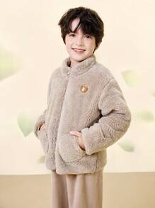 mini bala 男童女童双面羊毛保暖家居服外套 宝宝护胃羊毛外套 - 咖色調 - 查看 3