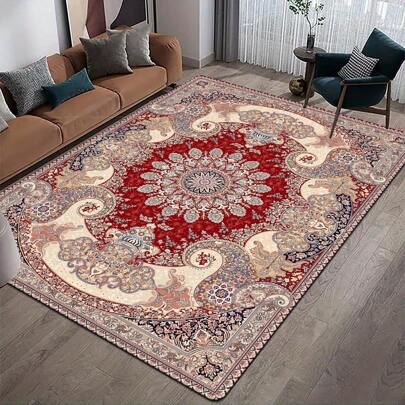 1pc Red Bohemian Style Square Area Rug, Suitable For Bedroom And Living Room Decoration, Indoor Use Home Decor Floor Mats Carpets Home Bathroom Decor Outdoor Rug Door Mat Fall Decor Bathroom Accessories Back To School Entryway Decor