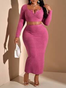2024 女式大码秋季纯色针织短款长袖上衣和长裙，适合居家和外出休闲简约两件套 - 玫紅色 - 查看 6