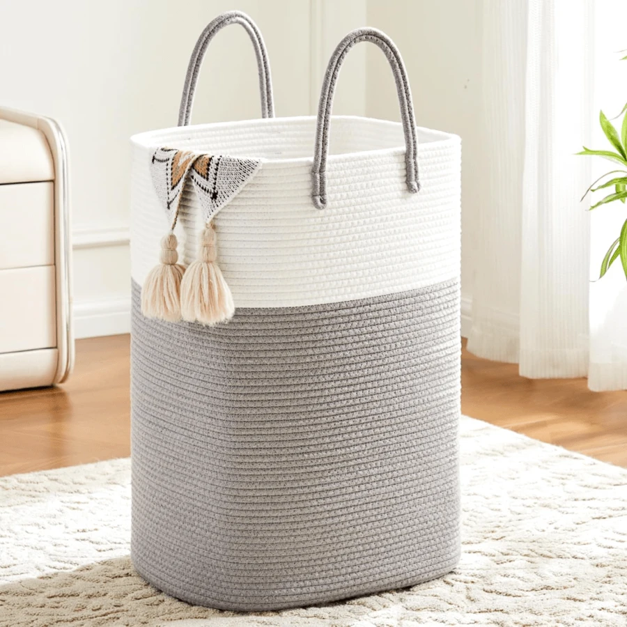1Pc 60/80/100L Laundry Basket,Woven Cotton Rope Laundry Hamper Versatile Storage For Dirty Clothes,Baby Toys,And Blankets In Bathroom, Nursery,And Living Room - 灰色 - 查看 1