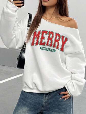 Women's Christmas Letter Printed Off Shoulder Long Sleeved Loose Sportswear, Autumn And Winter