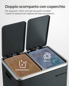 SONGMICS Cestino da Cucina, Doppio Secchio 2 x 15L per Raccolta Differenziata, Pattumiera a Pedale, Coperchi a Chiusura Morbida per Piccole Famiglie, Acciaio, Argento e Nero/Grigio Verdastro/Nero/Bianco/Beige Sabbia e Nero Inchiostro - verde grigio - Visualizzare 3