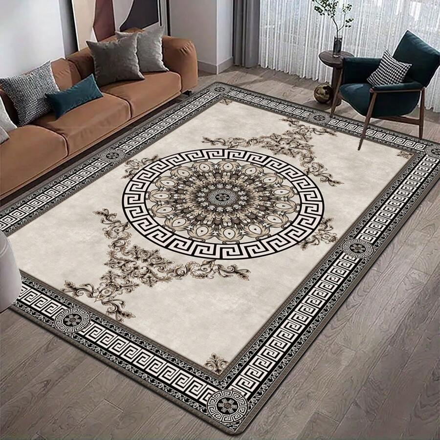 1 件波西米亚风格白色底色花卉方形地毯，适用于卧室和客厅装饰，室内使用家居装饰地垫地毯 - 藍色 - 查看 1