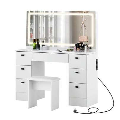 CLIPOP Coiffeuse blanche avec station de recharge, coiffeuse avec lumières LED, grande surface de miroir, tabouret de coiffeuse rembourré et 7 tiroirs, pour grande coiffeuse pour femme