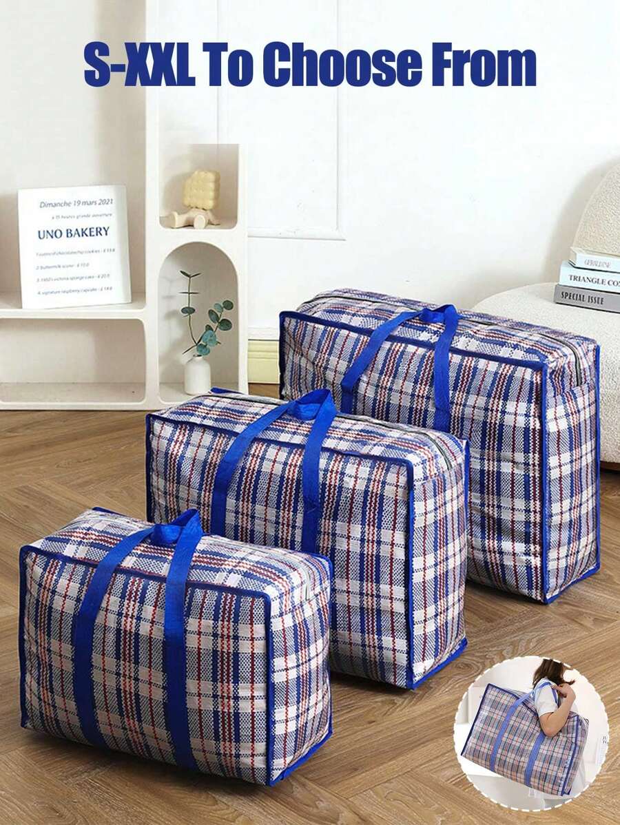 大容量防水手提袋，蓝色网格图案，适用于装床上用品、搬家纸箱、加厚防水行李袋、防水印花收纳袋、衣物、搬家打包用品、返校必备品、学生返校行李整理袋、背包、学习用品等。 - 寶藍色 - 查看 1