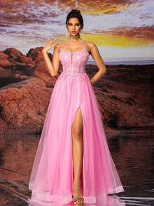 Rosa Tüll Slip Kleid, farbenfroher und schöner Kleid mit unterschiedlichen Farben von Pailletten, lebensecht bestickt und leuchtet im Licht, für Teenager A-Linie bodenlanges Ballkleid, Abendkleid für festliche Anlässe, elegantes halbformelles Abschlussballkleid, für Geburtstag, Hochzeitsgast, Abschlussball - Pink - Übersicht 3