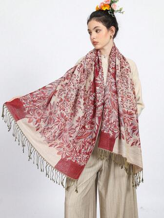 1pc Plain Jacquard Pattern Scarf With Silver Thread Trim, Versatile All-Match Warm Scarf For Winter