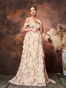 Faeriesty Dressalisa Maternity Floral Printed Mesh Off Shoulder Formal Prom Dress - Champagne - View 3