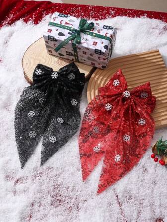 2 件圣诞派对闪亮红色、绿色、织物蝴蝶结、银色雪花装饰发夹，适合日常、派对、节日服装和发型爪夹发夹发夹