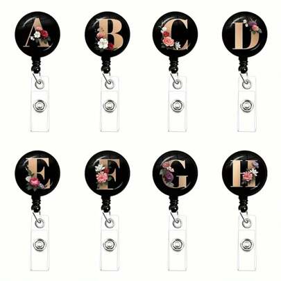1 个可伸缩身份证徽章夹 - 带 A-Z 名片的圆形玻璃钥匙圈、护士医生黑色徽章卷轴、易于识别的办公用品