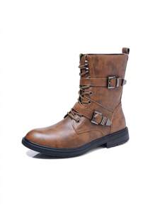Creative High-Top Boots, Fashionable Patchwork Chelsea Casual Ankle Boots, Slip-On Motorcycle Boots For Men - Brown - View 4