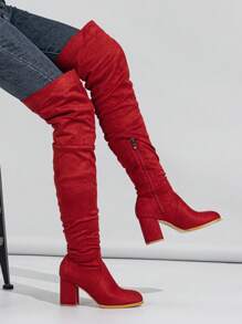 Ideal With Jacket,2024 New Women's Suede Thick High Heel Side Zipper Over-The-Knee Boots Sexy&Fashionable - Red - View 2